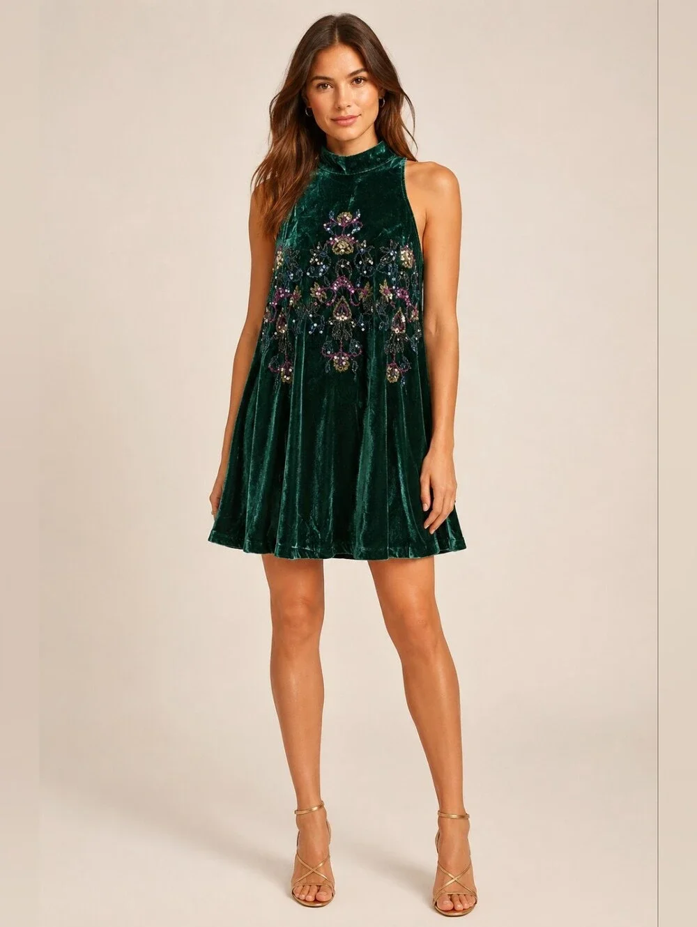 Free People Women’s Size S Emerald Green Velvet Embroidered Beaded Mini Dress